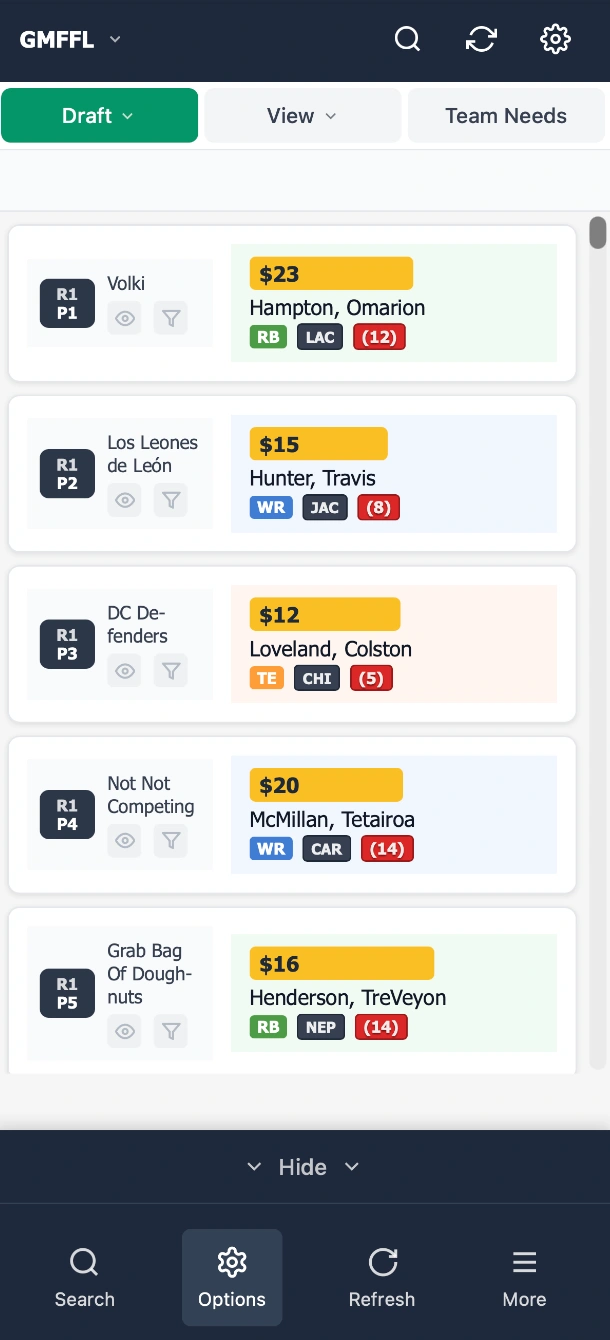 Live auction draft on mobile
