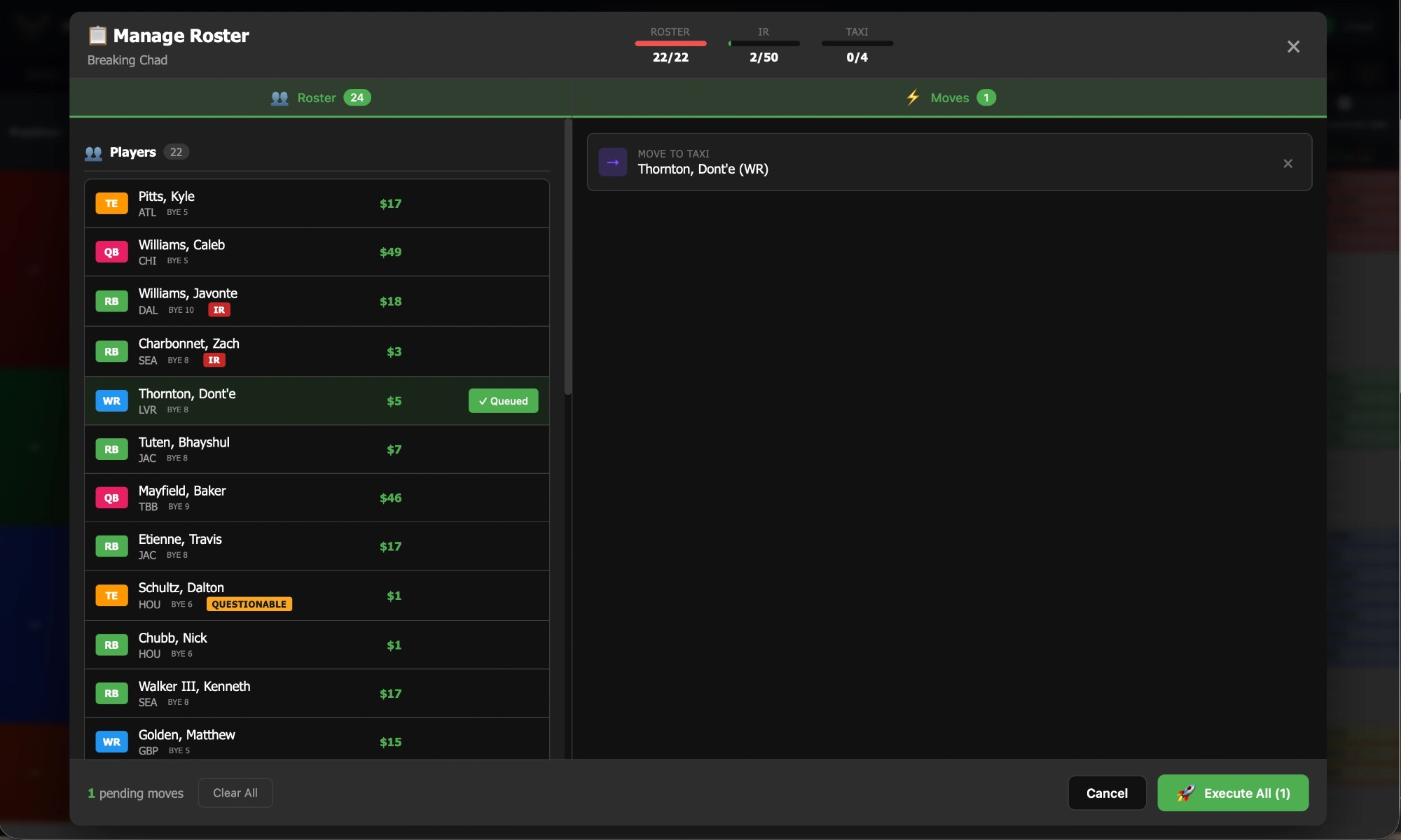 Manage Roster modal with drag-and-drop moves