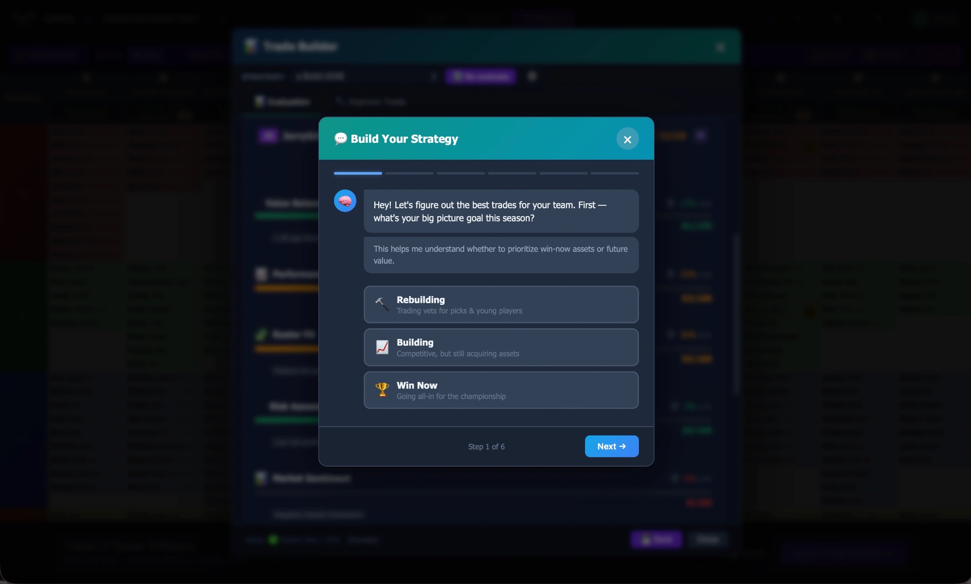 Build Your Strategy wizard — Rebuilding, Building, or Win Now
