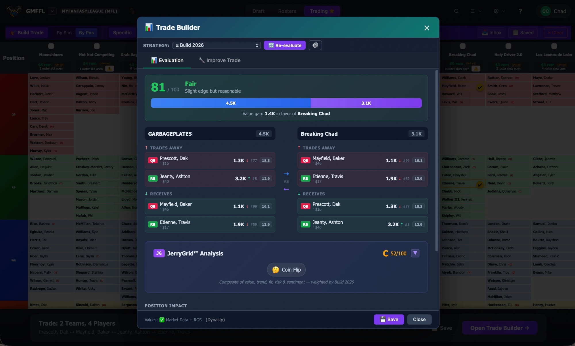 Trade evaluation with JerryGrid score and value comparison